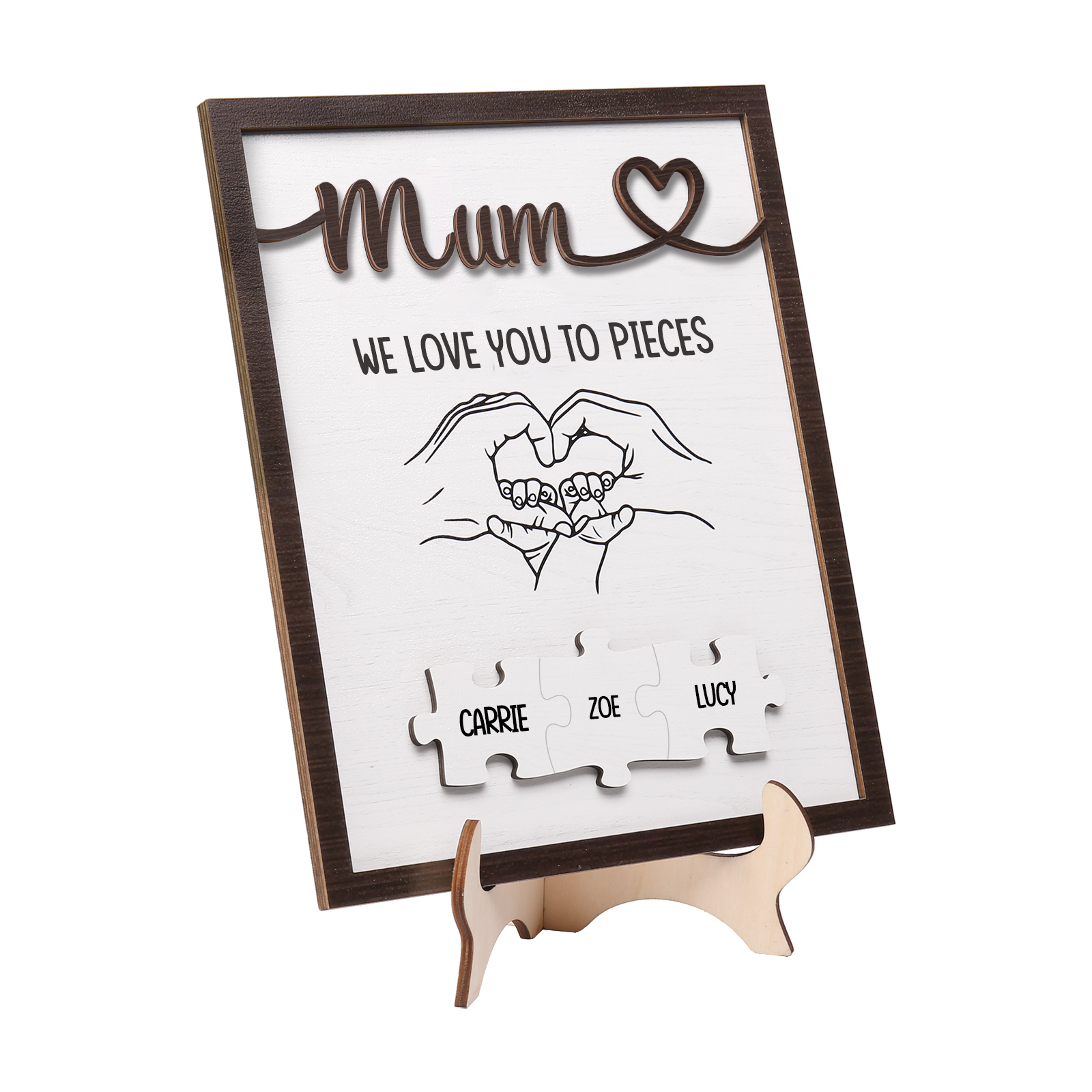 Personalised Puzzle Pieces Wooden Plaque Custom 3 Names & Text & Salutation Holding Hands Family Wooden Sign With Stand Gifts for Mum-Jessemade AU