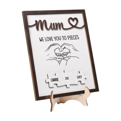 Personalised Puzzle Pieces Wooden Plaque Custom 3 Names & Text & Salutation Holding Hands Family Wooden Sign With Stand Gifts for Mum-Jessemade AU