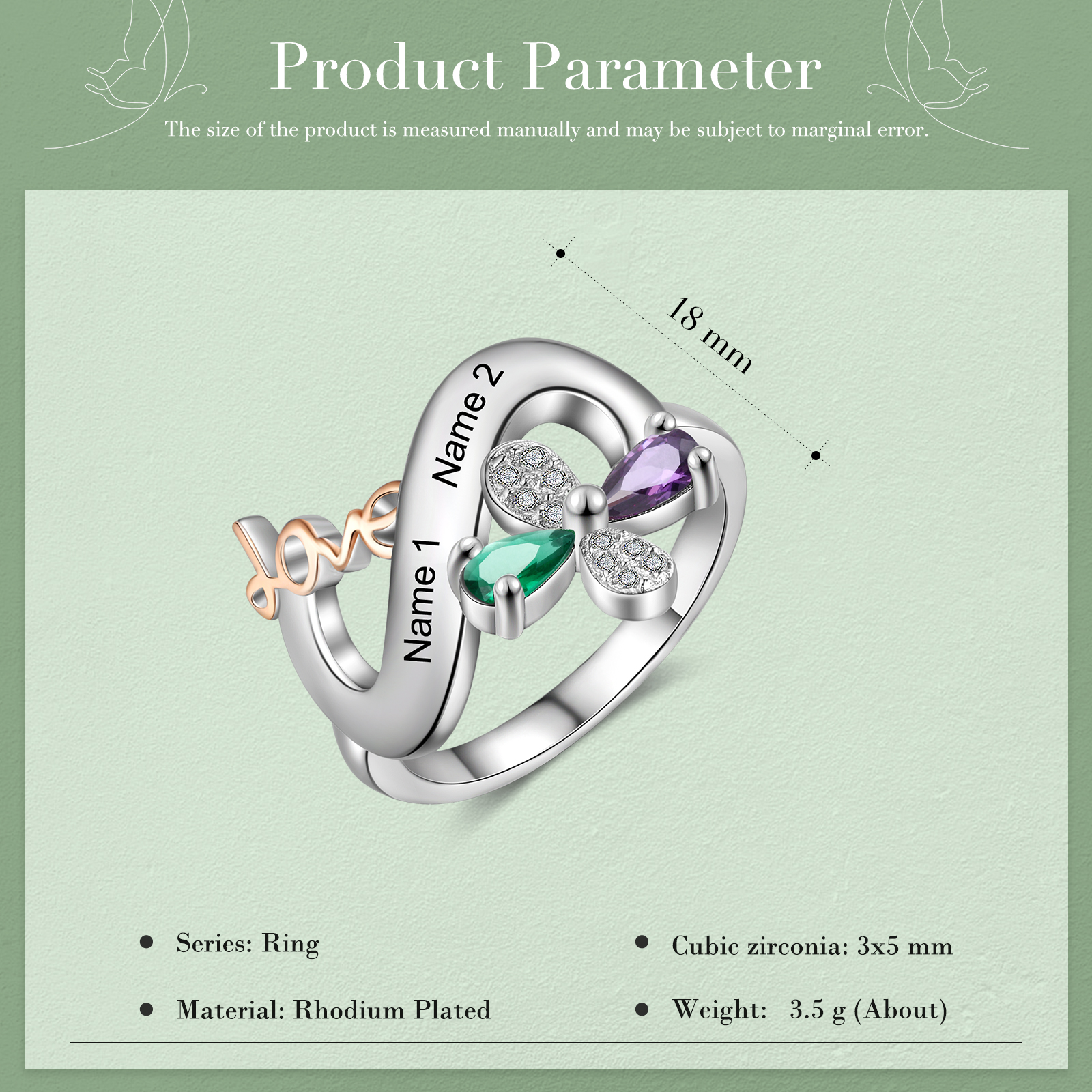 Personalised Butterfly Ring Custom 2 Birthstones Love Ring Gifts For Her-Jessemade AU