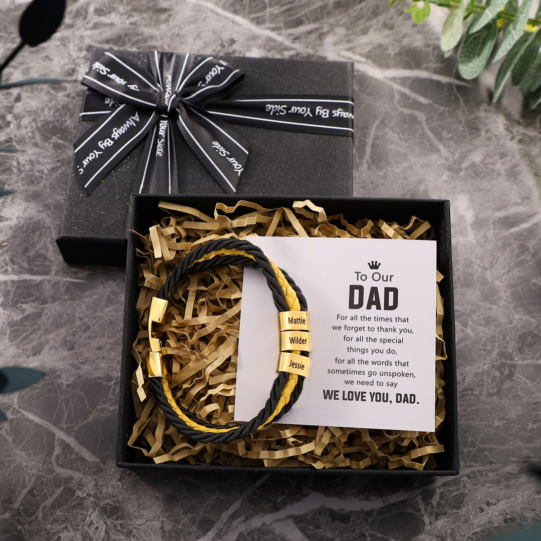 Mens Leather Bracelet Braided Layered Leather with 3 Beads 3 Names Silver and Gold-Jessemade AU