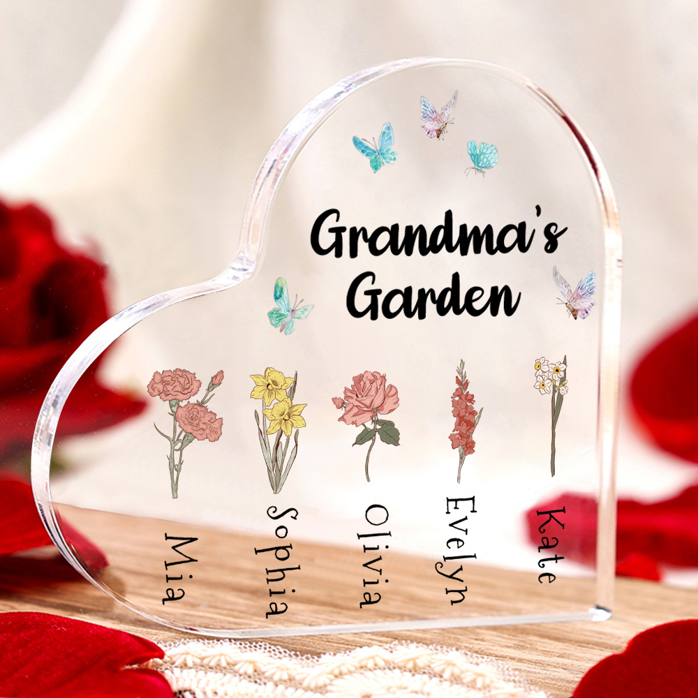 Personalised Acrylic Heart Keepsake Custom 1–6 Names & Birth Flowers Ornaments Gifts for Grandma - Grandma's Garden