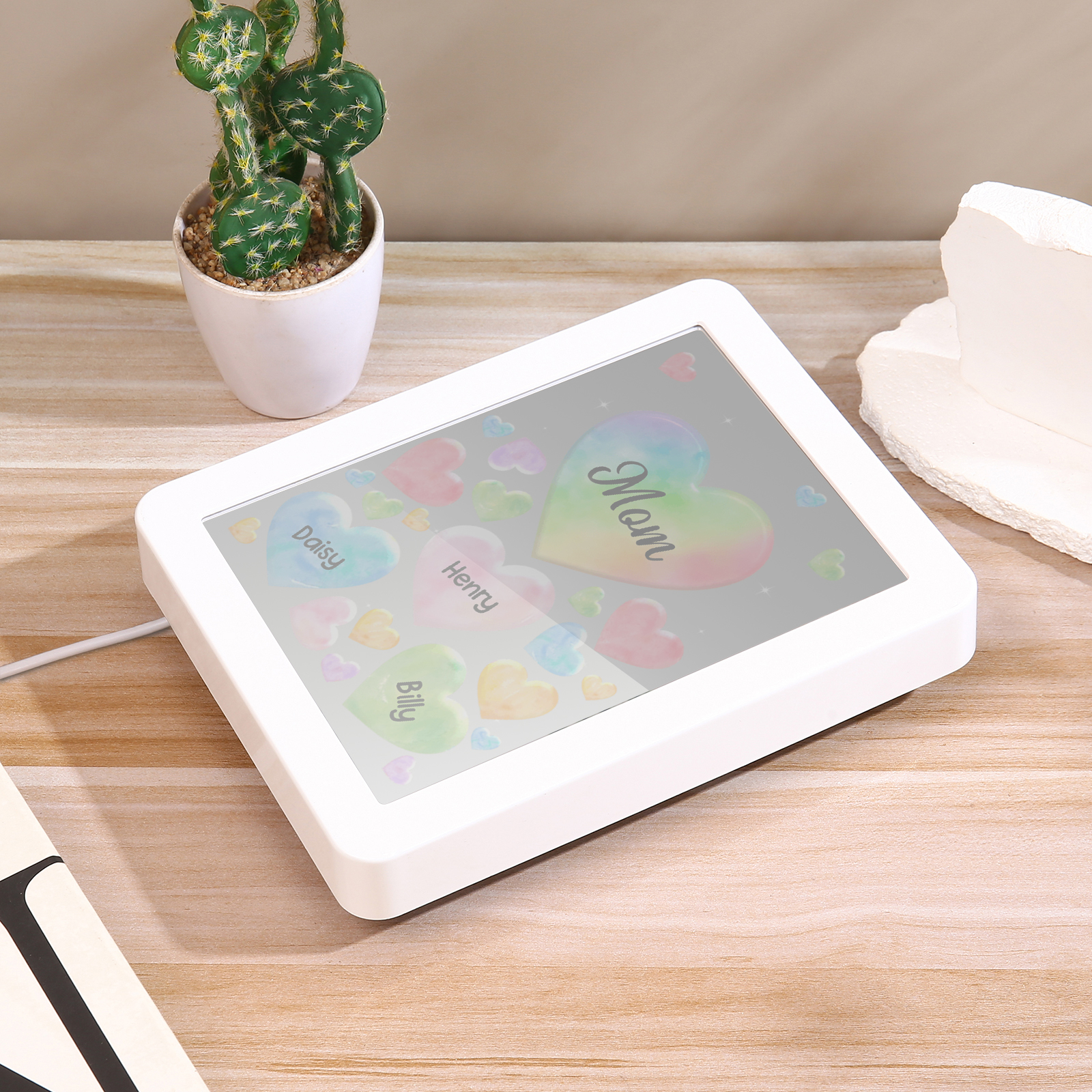 Personalised Night Light Mirror Frame Custom 1 Text & 3 Names Colourful Hearts Family LED Lamp Gift for Grandma/Mother-Jessemade AU