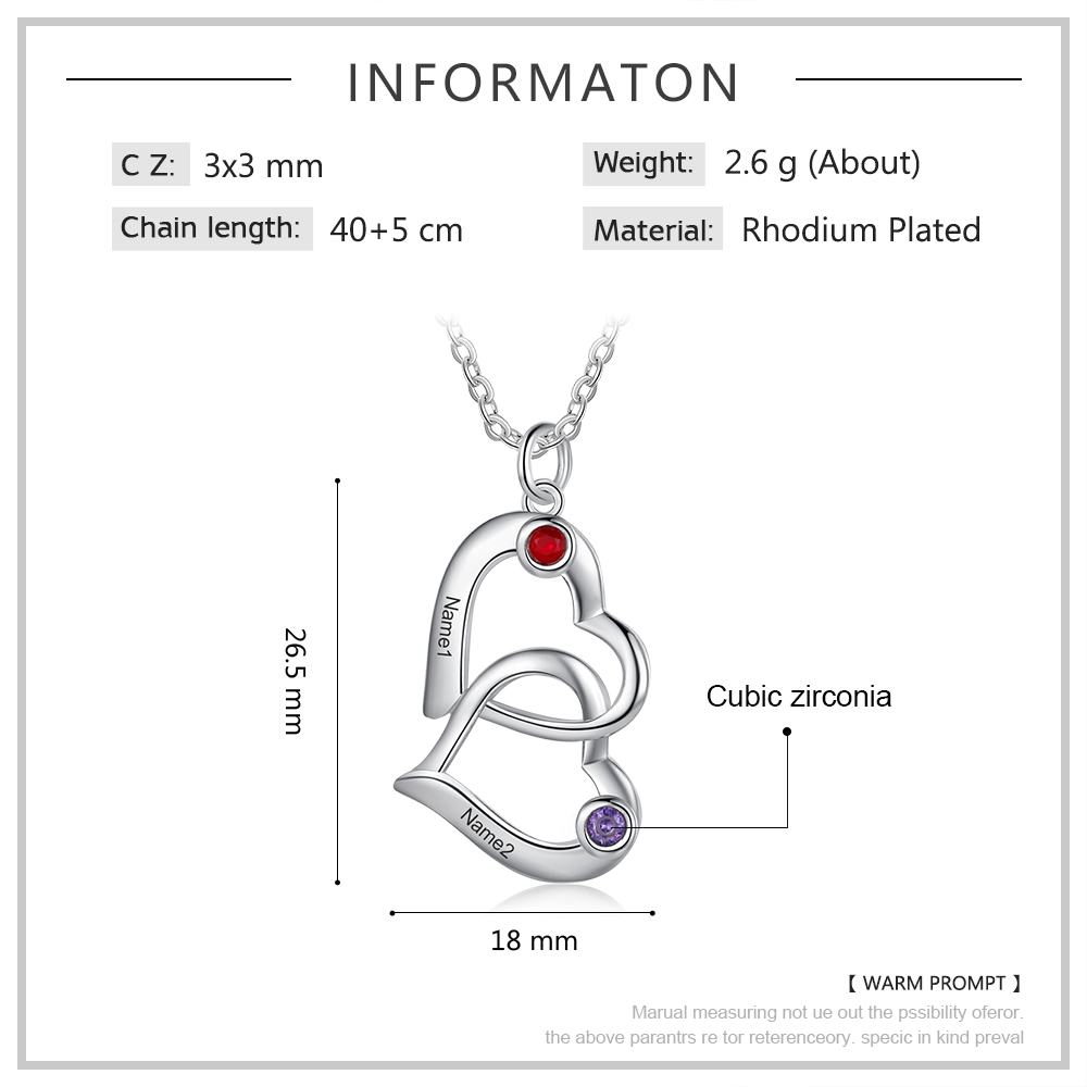 Personalised Heart Necklace With 2 Birthstones Engraved 2 Names Mother Necklace Gifts for Her-Jessemade AU