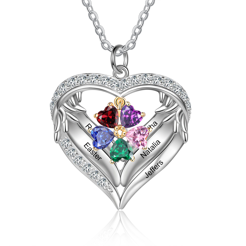 Personalised Wings Necklace With 5 Heart Birthstones Engraved Names Gift For Women-Jessemade AU