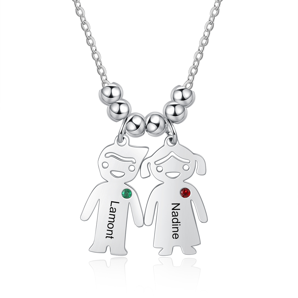 Personalised Kids Charm Necklace With 2 Birthstones Engraved Names Gift For Mother-Jessemade AU