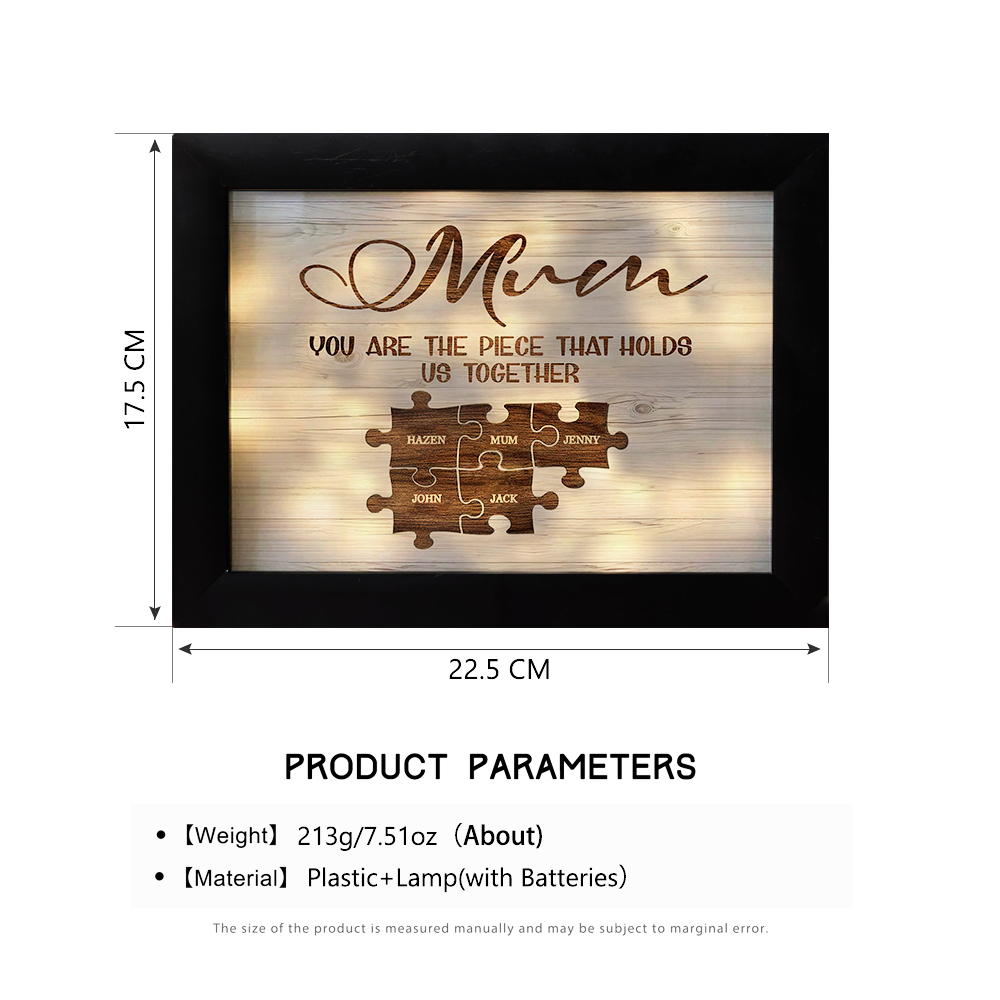 Personalised Mum Puzzle Picture Frame With Light Custom 5 Names Decor Gifts For Mother - You are the piece that holds us together-Jessemade AU