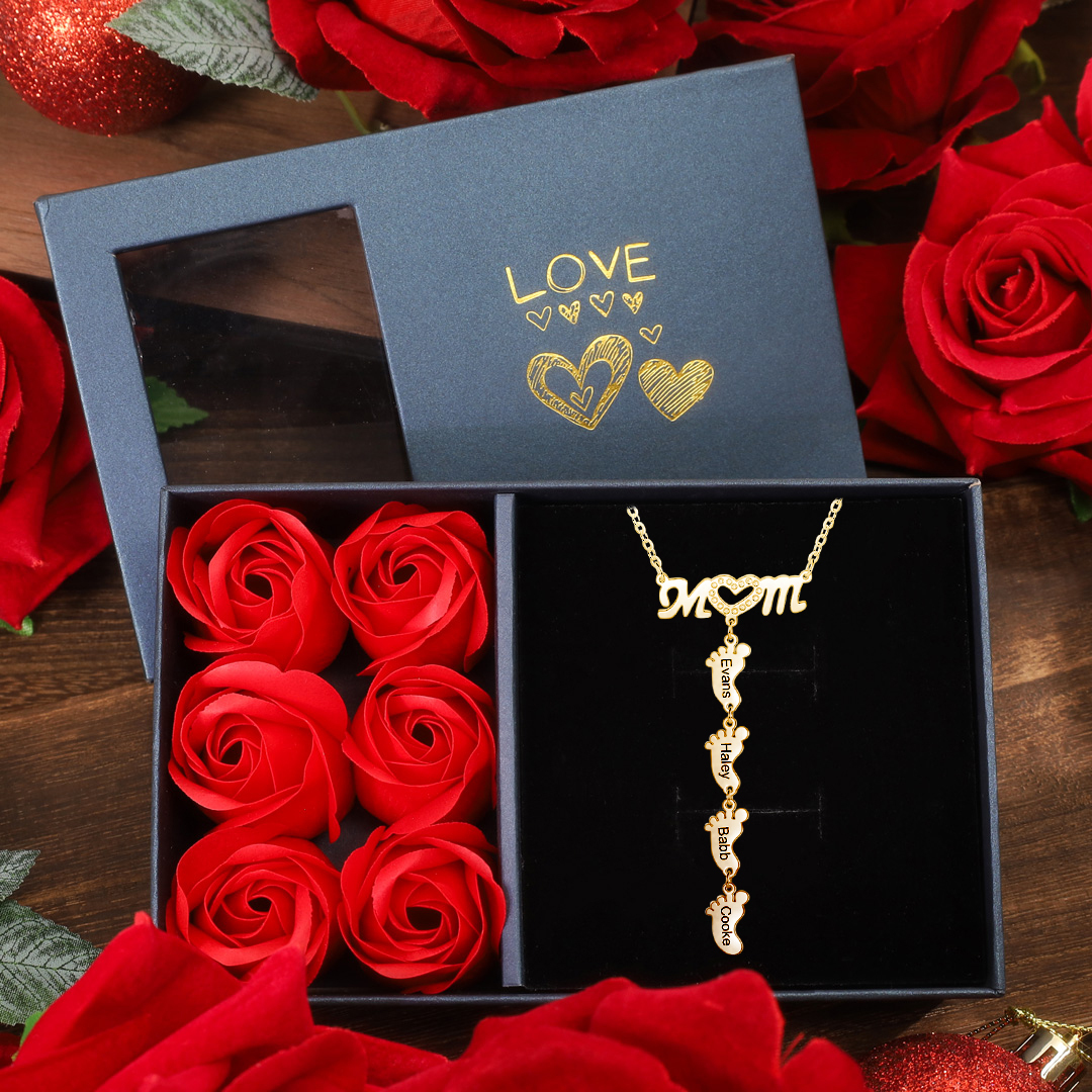 Mother Necklace with 4 Baby Feet Pendants Engraved 4 Names Rose Gift Set