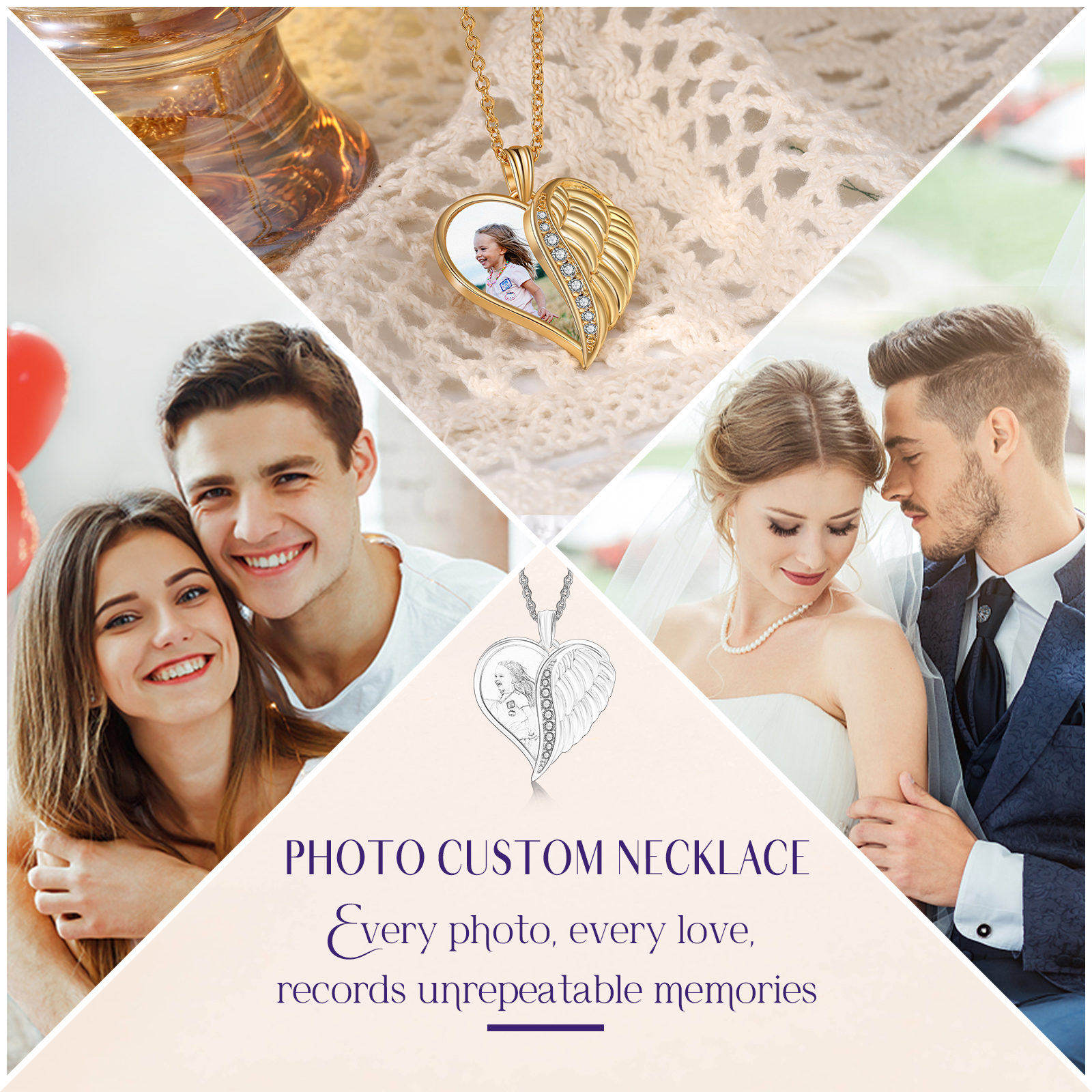 Personalised Heart Photo Necklace Custom 1 Memorial Photo Angle Wing Necklace Gifts for Her-Jessemade AU