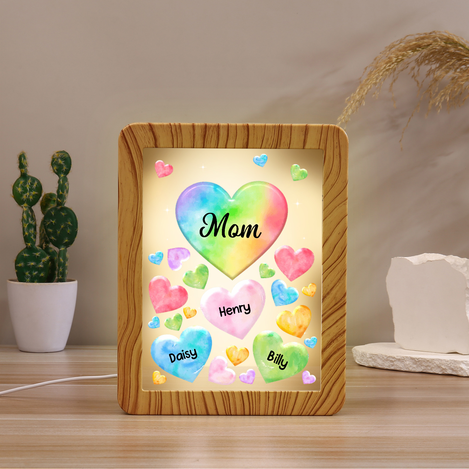 Personalised Night Light Mirror Frame Custom 1 Text & 3 Names Colourful Hearts Family LED Lamp Gift for Grandma/Mother-Jessemade AU