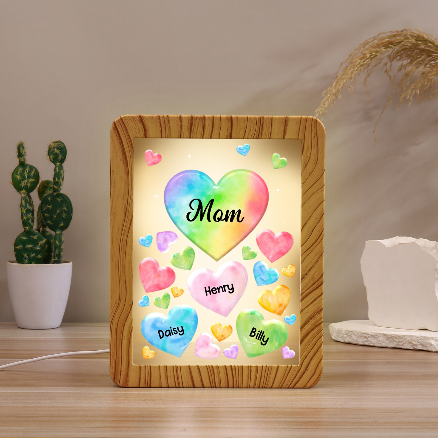 Personalised Night Light Mirror Frame Custom 1 Text & 3 Names Colourful Hearts Family LED Lamp Gift for Grandma/Mother-Jessemade AU