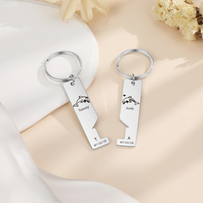 Personalised Couple Keychain Custom 2 Letters & 2 Dates & 2 Names Dolphin Keyring Valentine's Day Gift for Husband/Wife-Jessemade AU