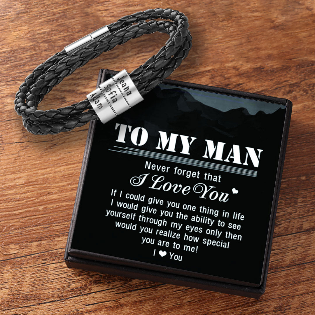 Leather Braided Bracelet Men Bracelets Personalised 3 Names 3 Beads Gift For Dad-Jessemade AU