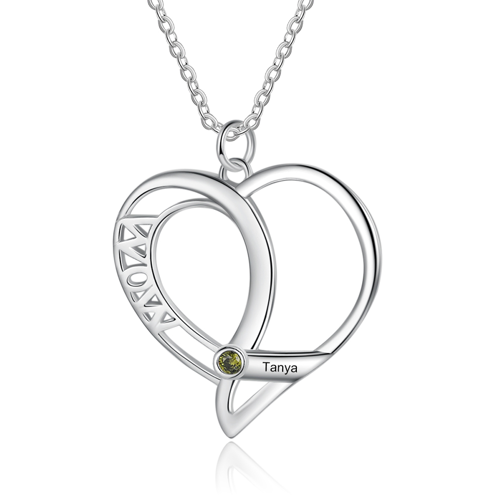 Personalised Heart Necklace With 1 Birthstone Engraved Names Gift For Mother-Jessemade AU