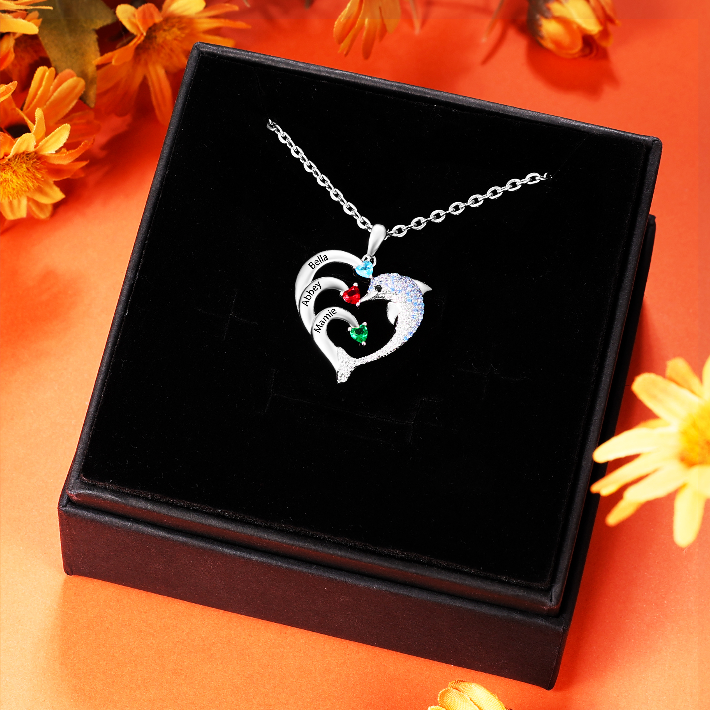 Personalised Heart Dolphin Necklace With 3 Birthstones Engraved Names Gift For Her-Jessemade AU