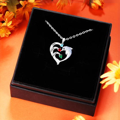 Personalised Heart Dolphin Necklace With 3 Birthstones Engraved Names Gift For Her-Jessemade AU