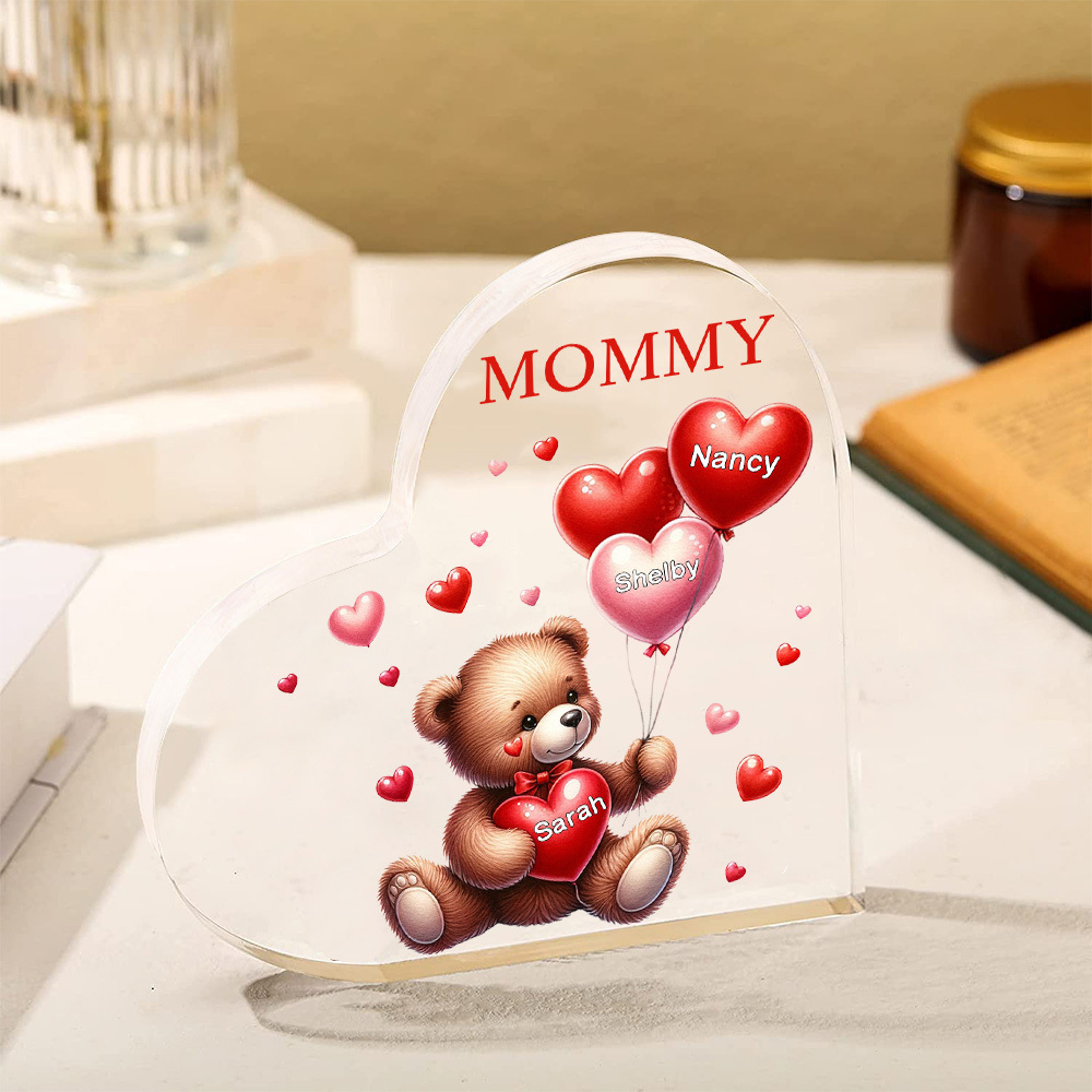 3 Names - Personalised Acrylic Heart Keepsake Custom Text Teddy Bear Balloon Ornaments Gifts for Grandma/Mother-Jessemade AU