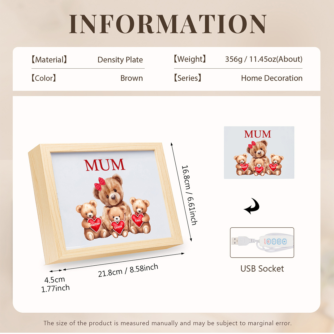 Personalised Frame Night Light Custom 1 Text  & 3 Names Teddy Bears Family Ornament Gifts for Mother/Grandma-Jessemade AU