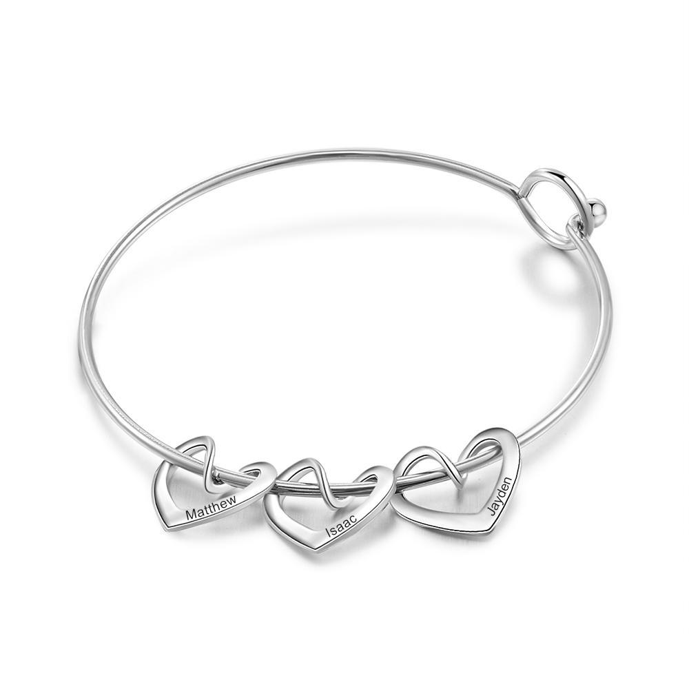 Personalised Love Bracelet with 3 Heart Charms Engraved Name Bangle Bracelet-Jessemade AU