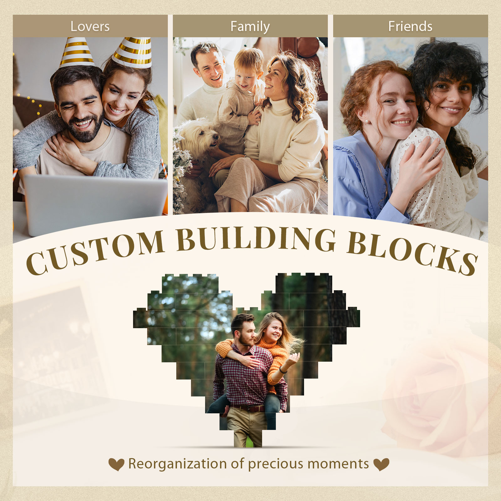 Happy Mother's Day Personalised Heart Shape Building Blocks Puzzle Photo Brick Square Shape Puzzle DIY Gift - Double Layers-Jessemade AU