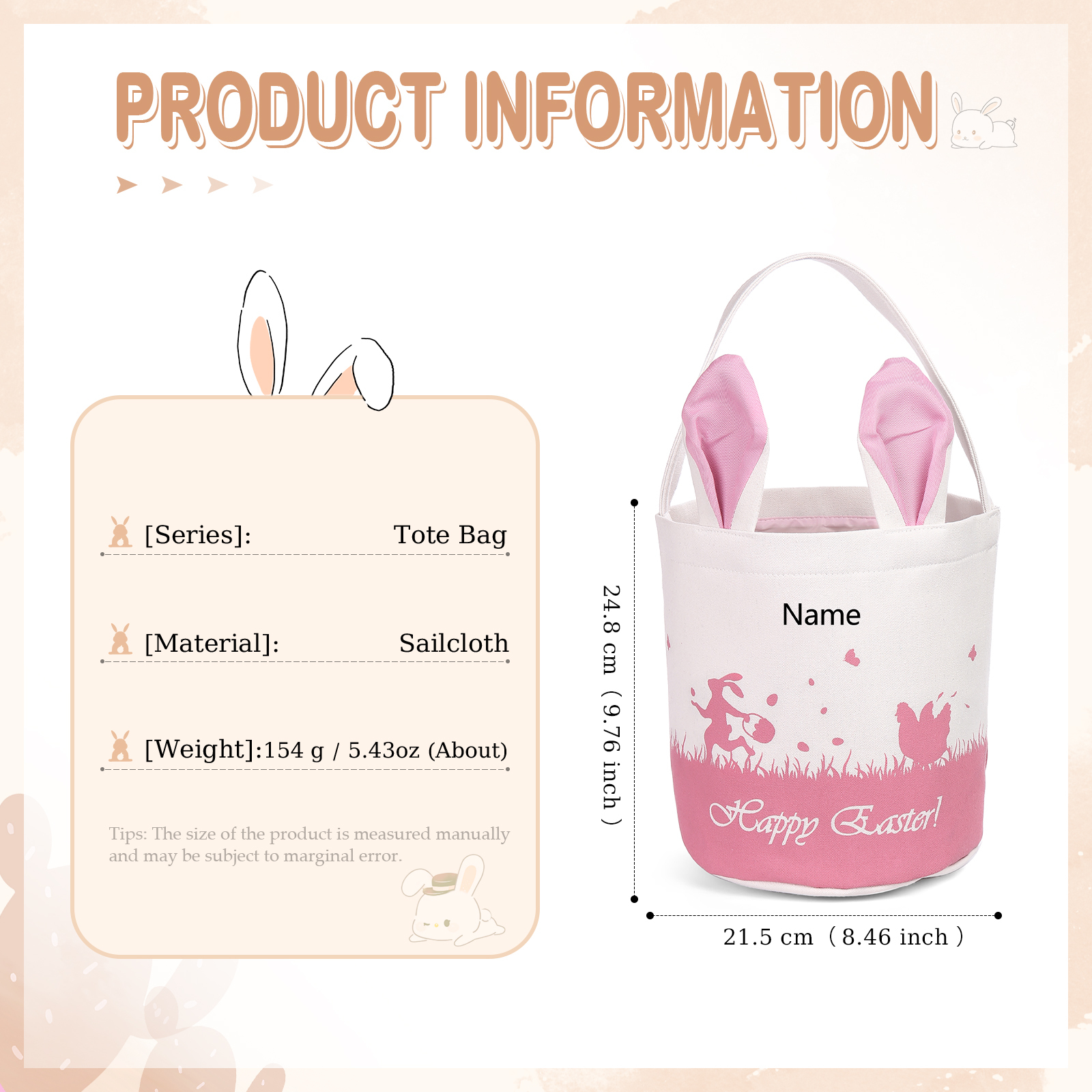 Personalised Bunny Tote Bag Customised with Name Bunny Bucket Bag Easter Gifts-Jessemade AU