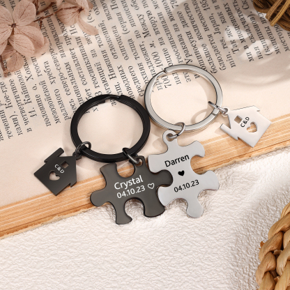 2 PCS Couple Keychain Set Custom 2 Names & 2 Letters & Date Keyring Puzzle Keychain Valentine's Day Personalised Gift for Him/Her-Jessemade AU