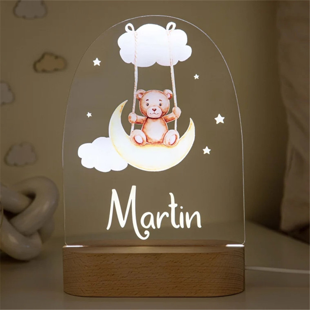 Personalised Bear and Moon Night Light Custom Name LED Lamp Baby Gift for Kids-Jessemade AU