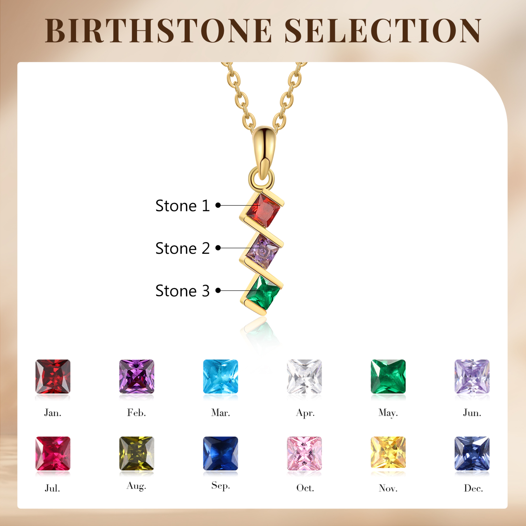 Personalised Women's Necklace Custom 3 Birthstones Pendant Necklace Birthday Gift for Her-Jessemade AU