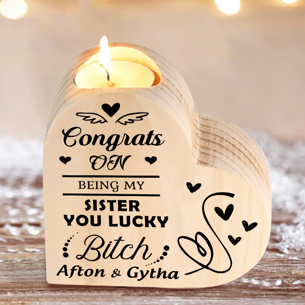 Personalised Heart Candle Holder Customised 2 Names Wooden Candlestick "Congrats On Being My Sister" Funny Gift for Friend-Jessemade AU