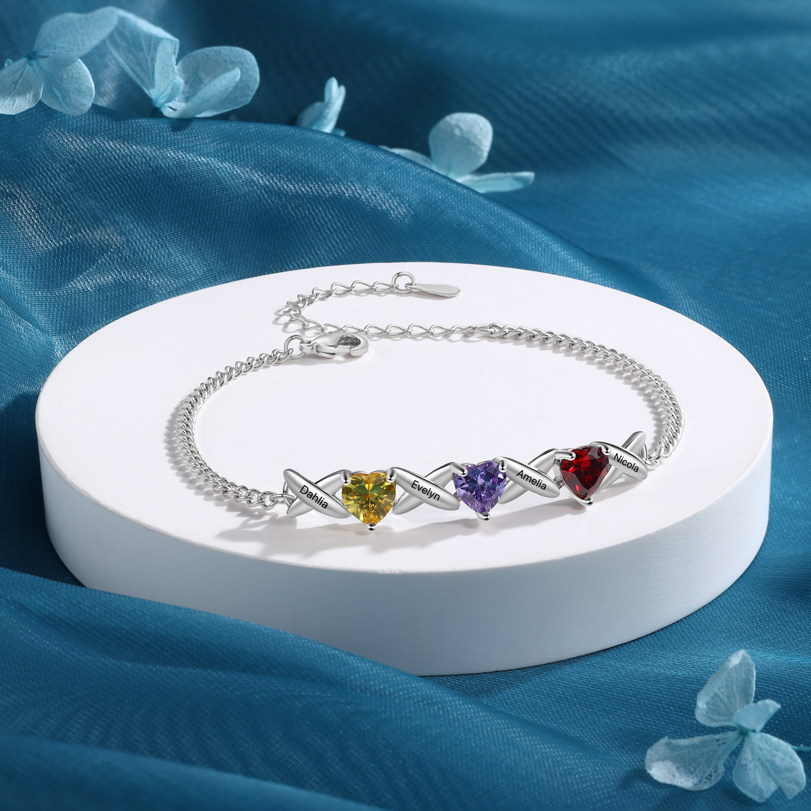 Custom 3 Birthstones Bracelet Engraved 4 Names Bracelet Personalised Birthday Gift for Her-Jessemade AU