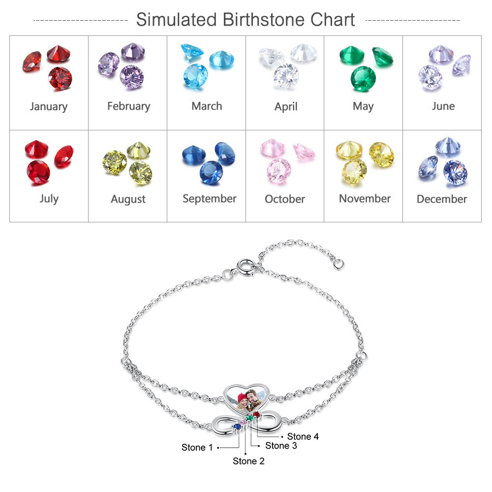 Personalised Heart Photo Bracelet With 4 Birthstones Custom Photo Bracelet Gifts For Her-Jessemade AU