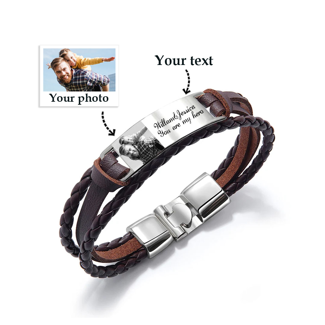 Personalised Braided Leather Bracelet Custom 1 Photo & 2 Texts Fathers Day Gift for Him
