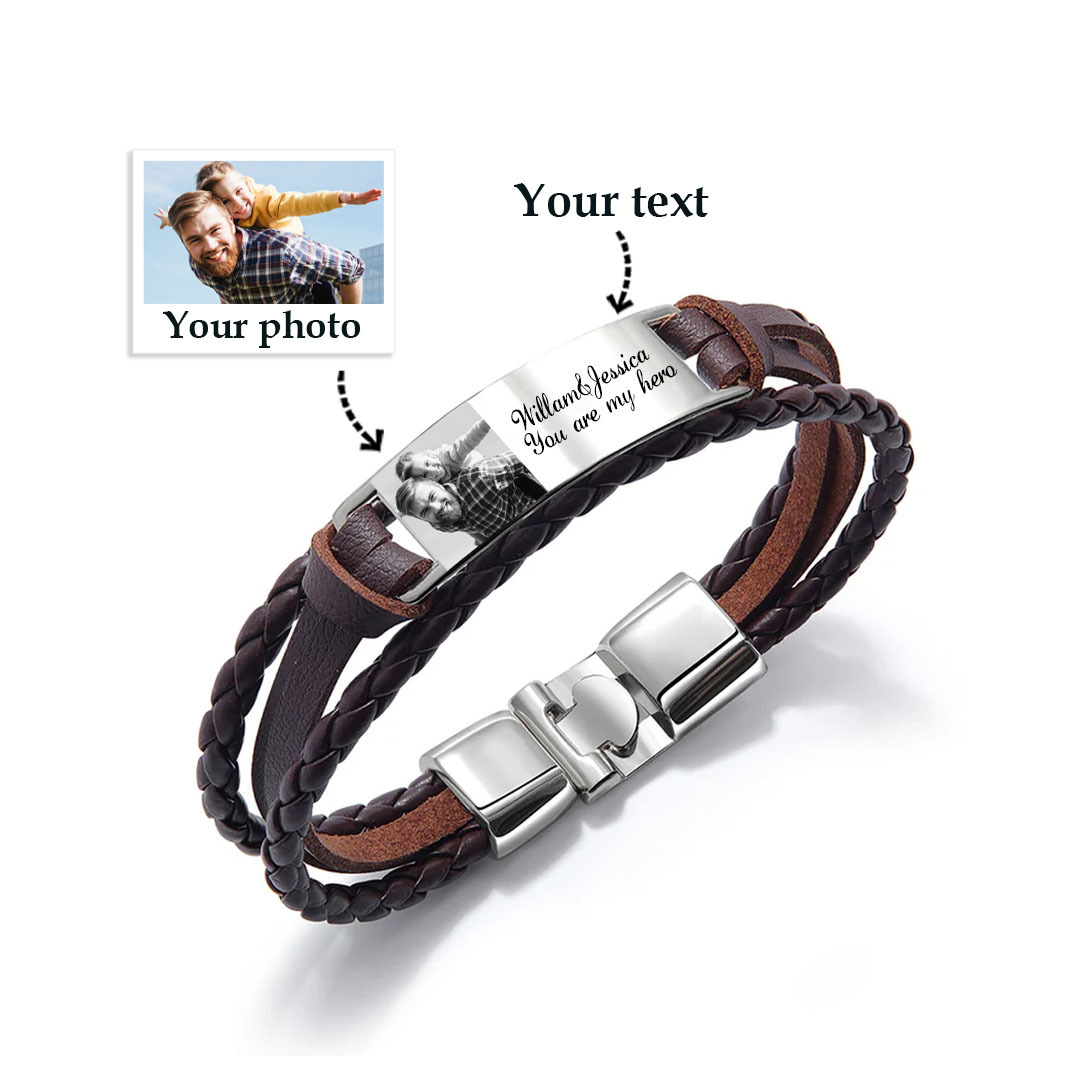 Personalised Braided Leather Bracelet Custom 1 Photo & 2 Texts Fathers Day Gift for Dad-Jessemade AU