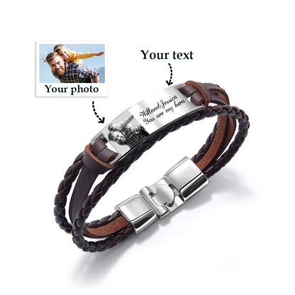 Personalised Braided Leather Bracelet Custom 1 Photo & 2 Texts Fathers Day Gift for Dad-Jessemade AU