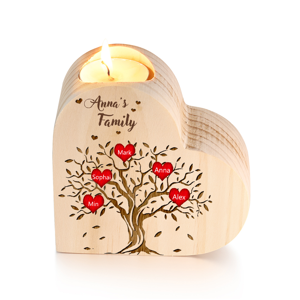 To My Family Wooden Heart Candle Holder Custom 5 Names Family Tree Candlesticks-Jessemade AU