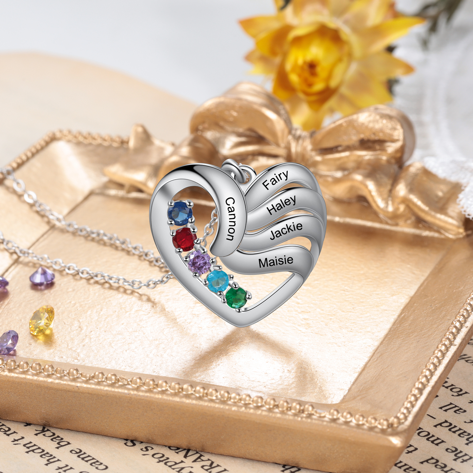 Personalised Heart Necklace With 5 Birthstones Engraved Names Family Necklace Gifts for Her-Jessemade AU