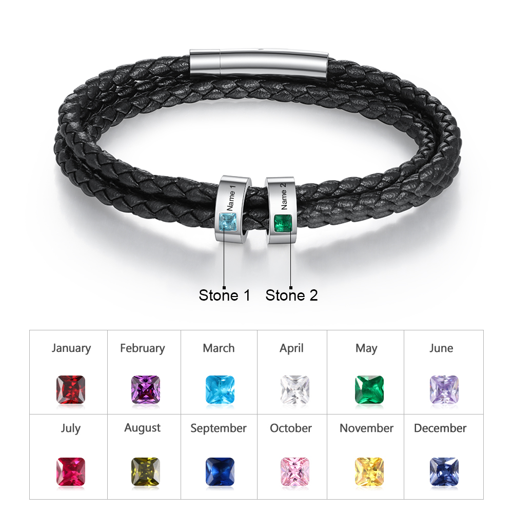 Personalised 3 Layer Leather Bracelet with 2 Beads Engraved Names Men's Bracelets for Him-Jessemade AU