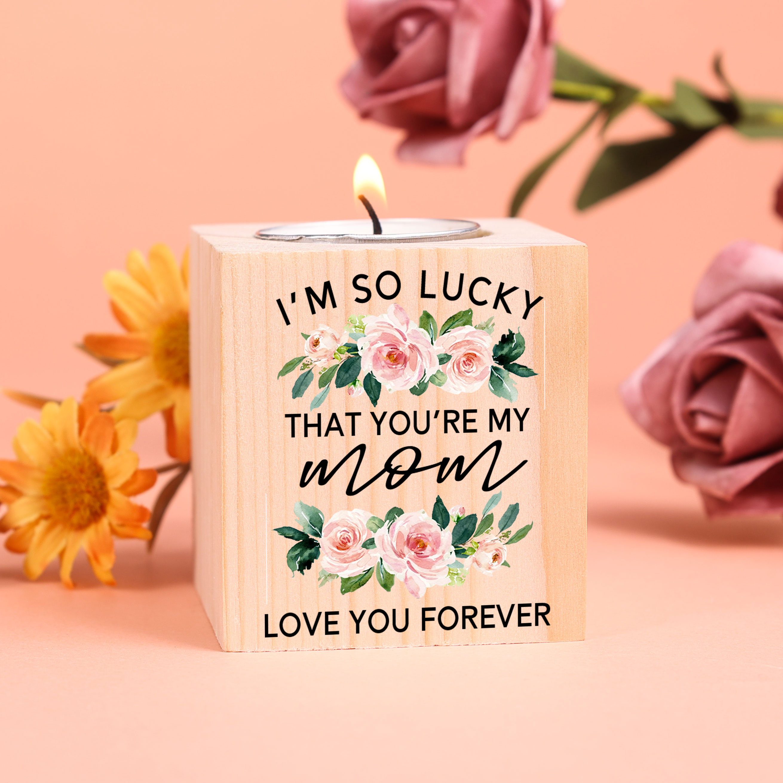 To Mom/Mum Personalised Text Candle Holder "I'm So Lucky That You're My Mom" Wooden Candlestick-Jessemade AU