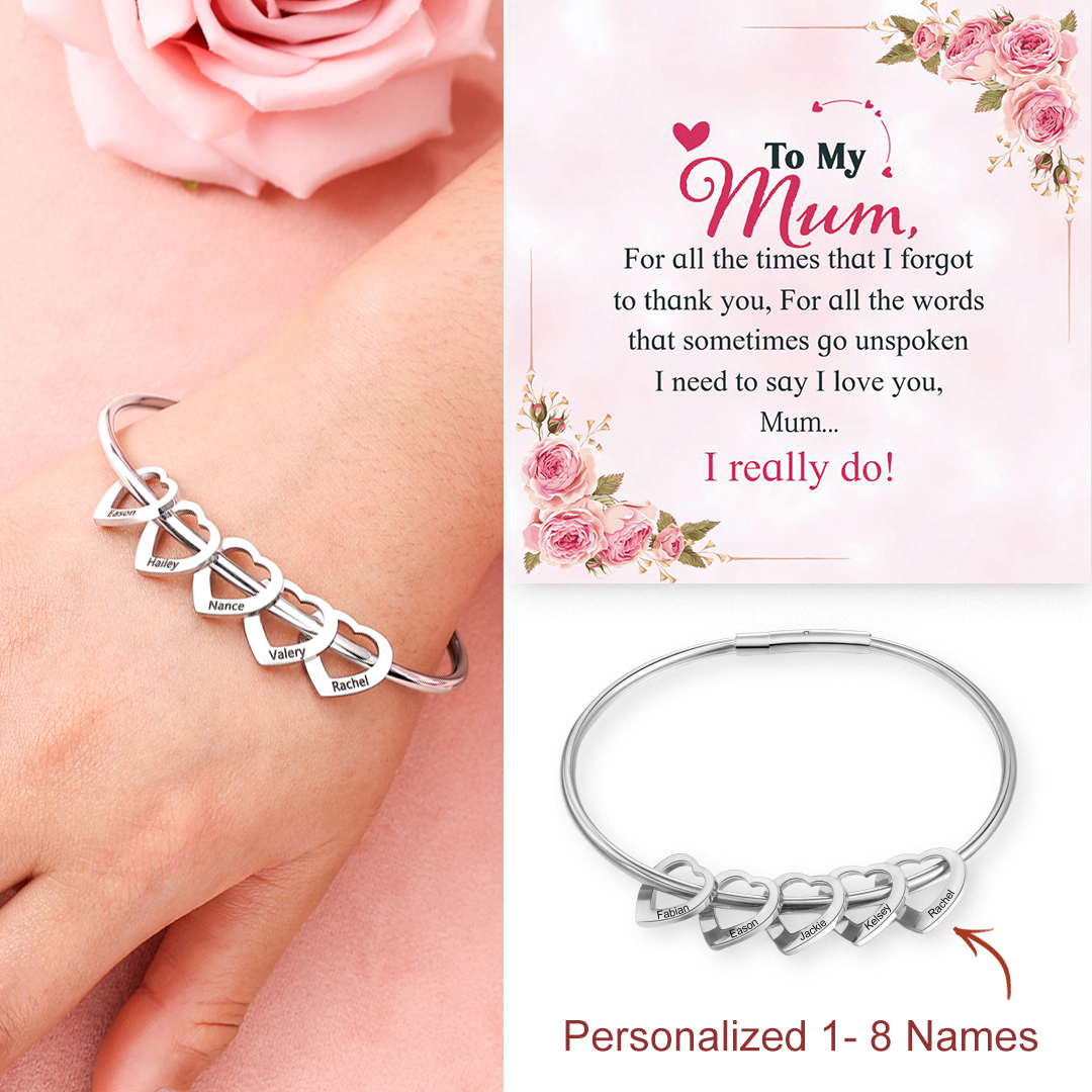 Engraved Personalised Bangle Bracelet with 5 Names with 5 Heart Shape Pendant Gift for Mother-Jessemade AU