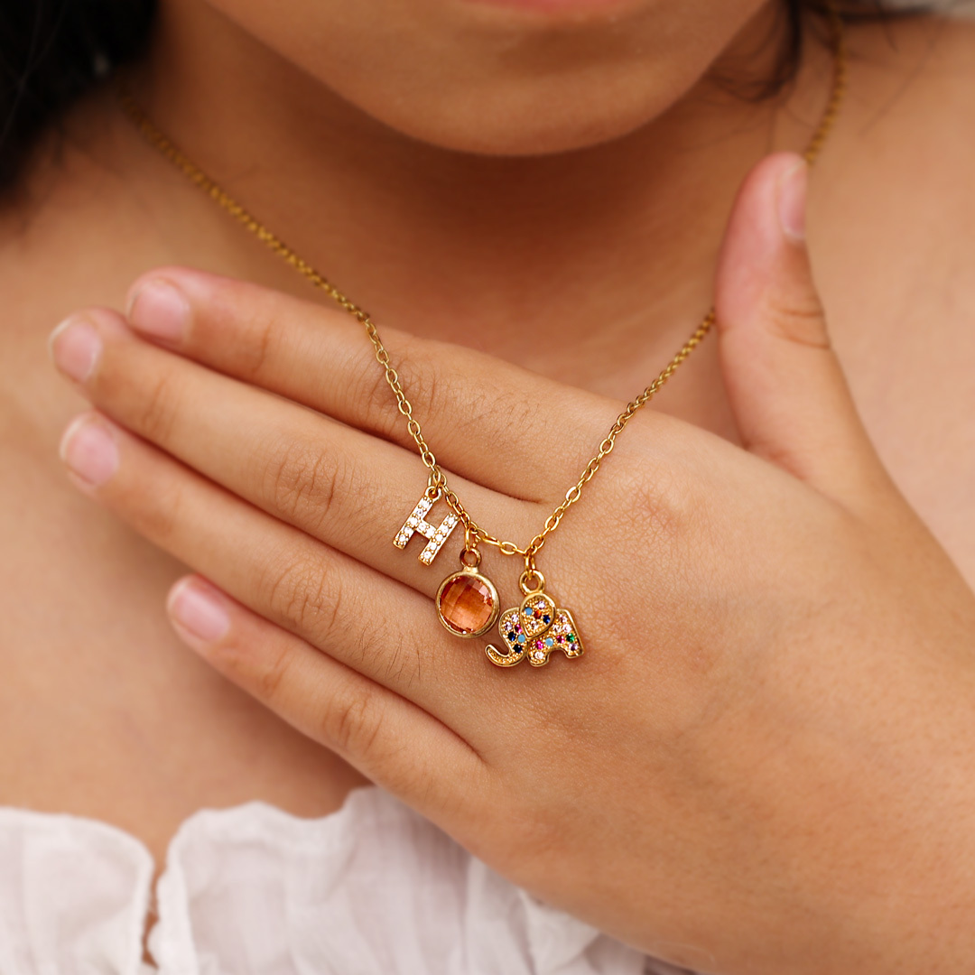 Back To School Personalised Elephant Necklace Custom Birthstone and Initial Necklace-Jessemade AU