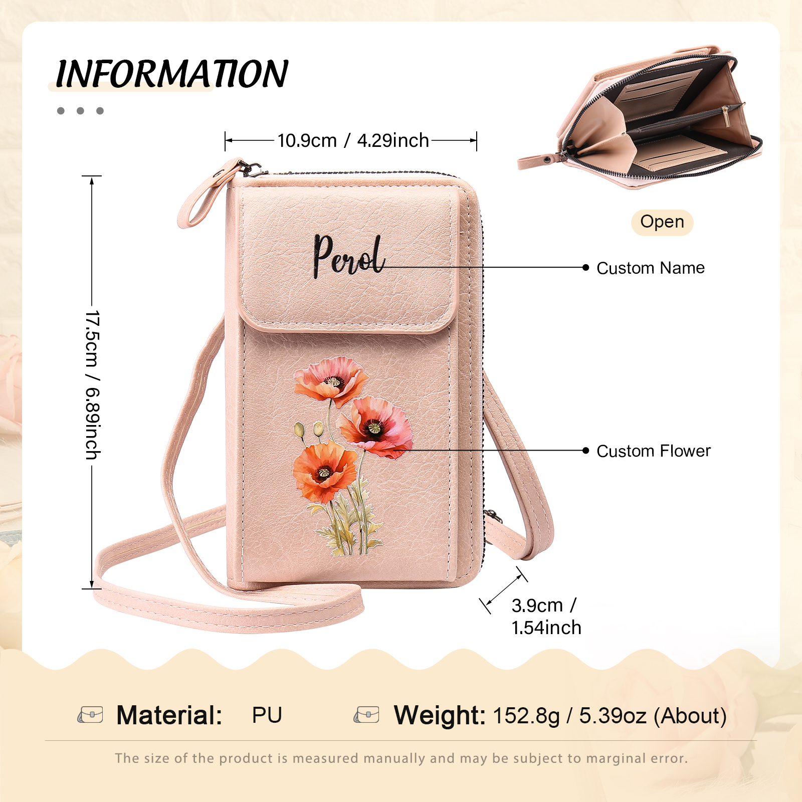 Personalised Women's Leather Wallet Custom Birthday Flower & Name Mobile Phone Wallet Zipper Crossbody Bag