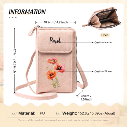 Personalised Women's Leather Wallet Custom Birthday Flower & Name Mobile Phone Wallet Zipper Crossbody Bag