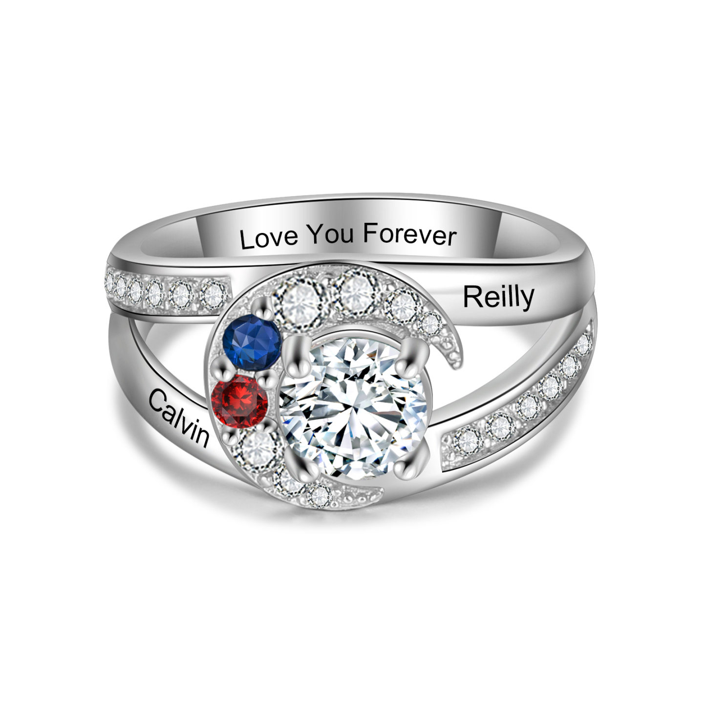Personalised Moon Star Ring With 2 Birthstones Custom Names Best Gift For Women-Jessemade AU