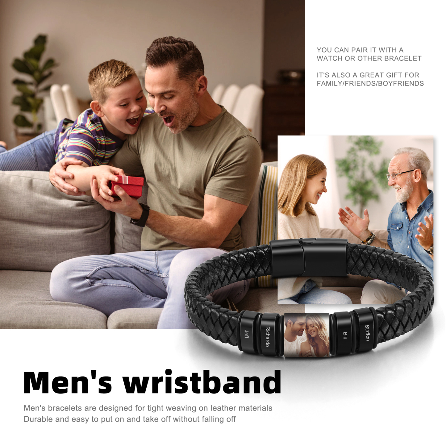 4 Names - Personalised Men's Leather Bracelet Custom Photo Braided Bracelet Gift for Him-Jessemade AU