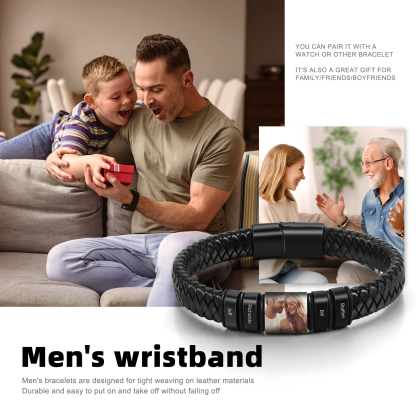 4 Names - Personalised Men's Leather Bracelet Custom Photo Braided Bracelet Gift for Him-Jessemade AU