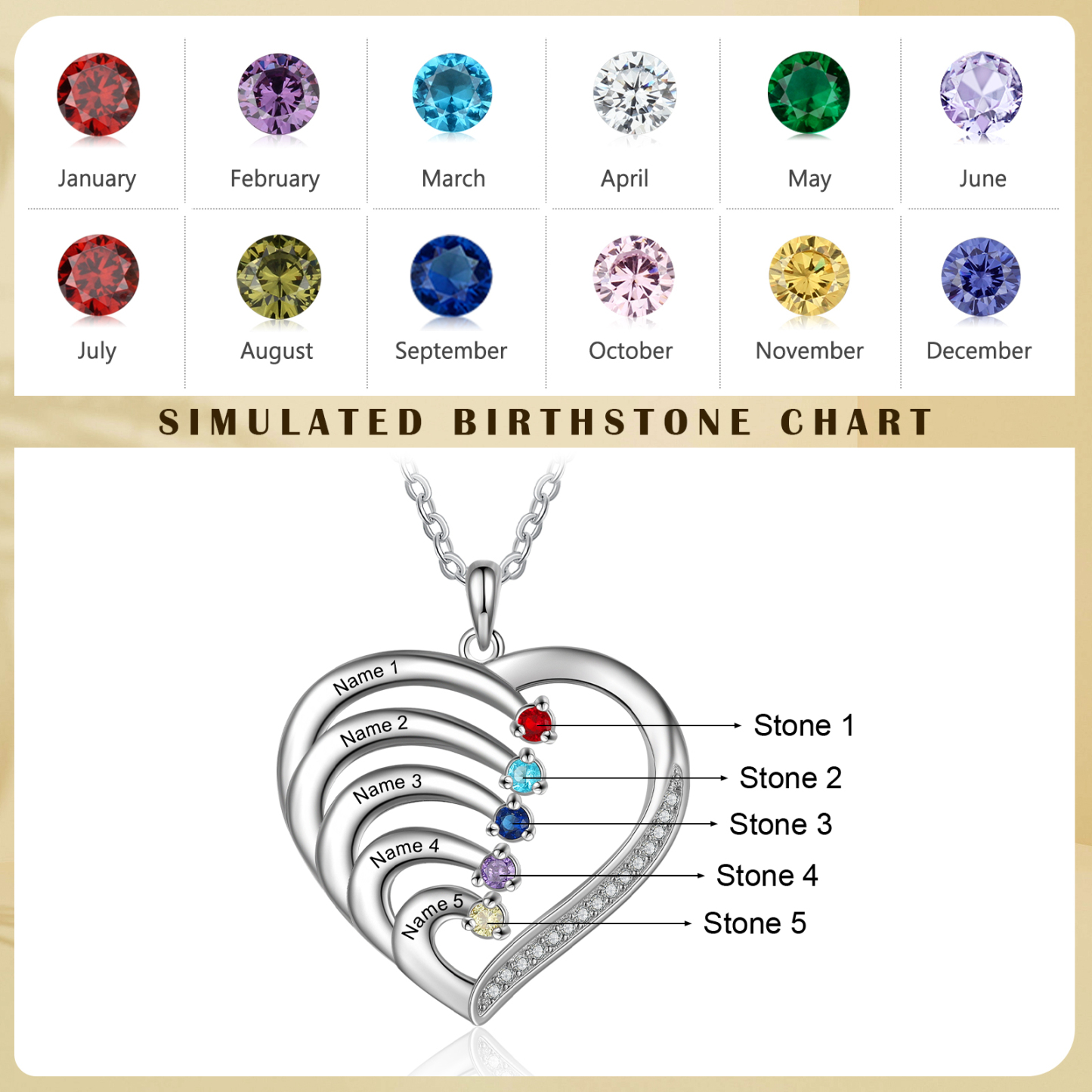 Personalised Mother Necklace 5 Stones Engraved 5 Names Birthstone Intertwined Heart Pendant Gifts for Her-Jessemade AU