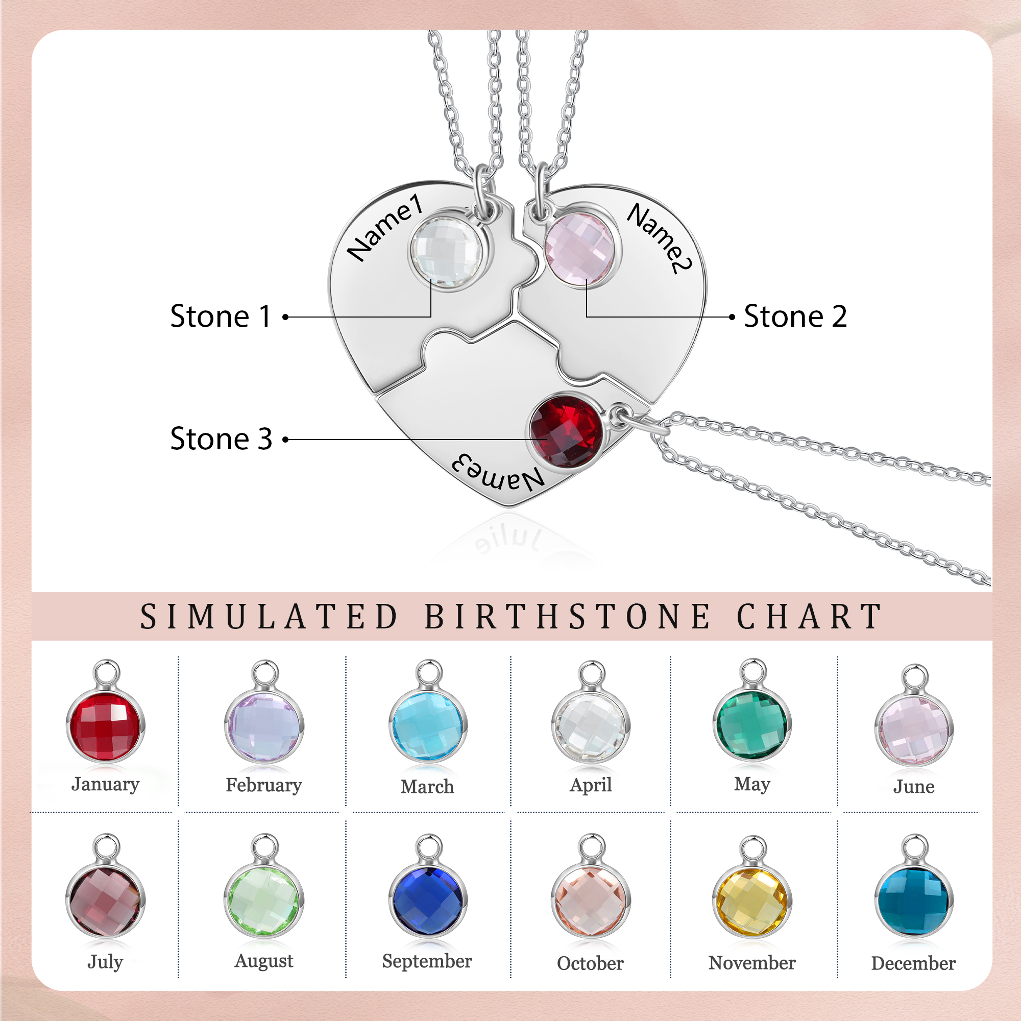 Personalised Puzzle Necklace With Birthstone Custom 3 Names Gifts For Mom BBF Friendship Style-Jessemade AU