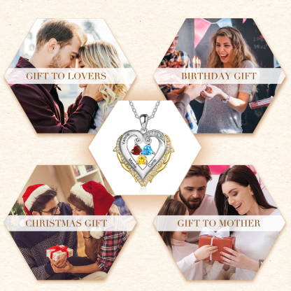 Personalised Heart Wings Necklace With 3 Birthstones Custom Names Gift For Her-Jessemade AU