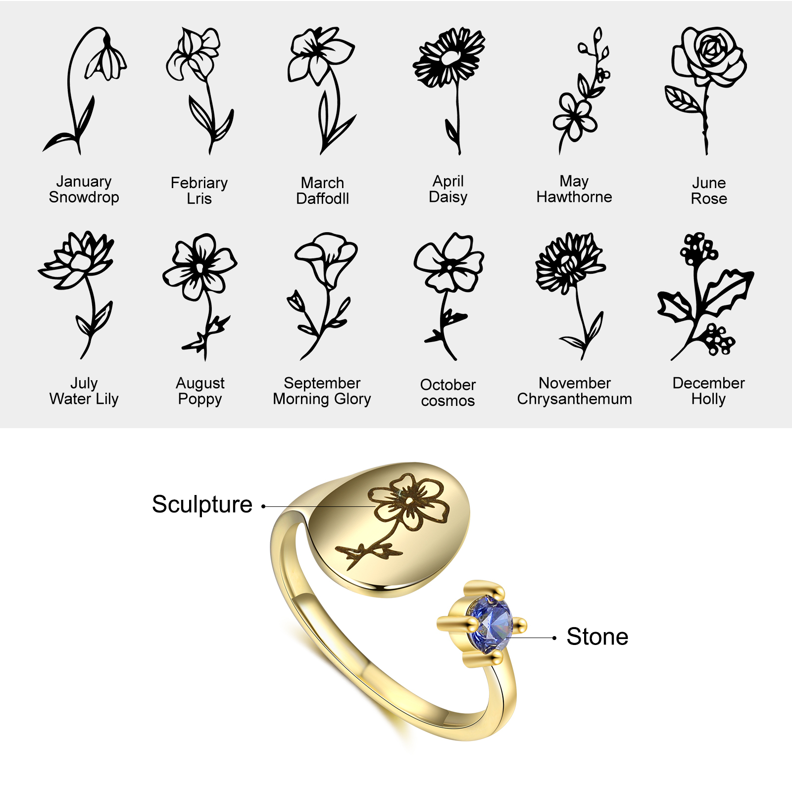 Personalised 1-12 Month Birth flower With Birthstone For Women-Jessemade AU
