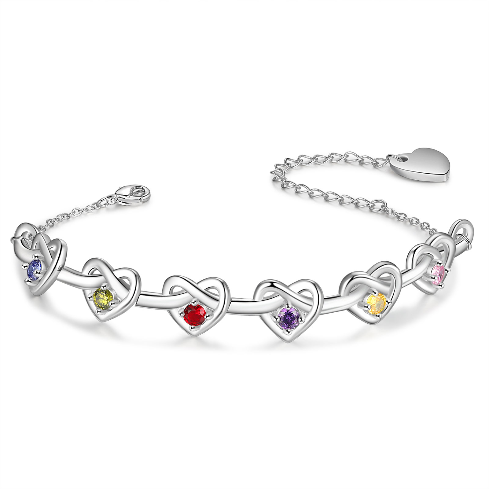 3 Colours Available Personalised Linked Heart Bracelet with 6 Custom Names Birthstones & Text Perfect Birthday Gift for Her