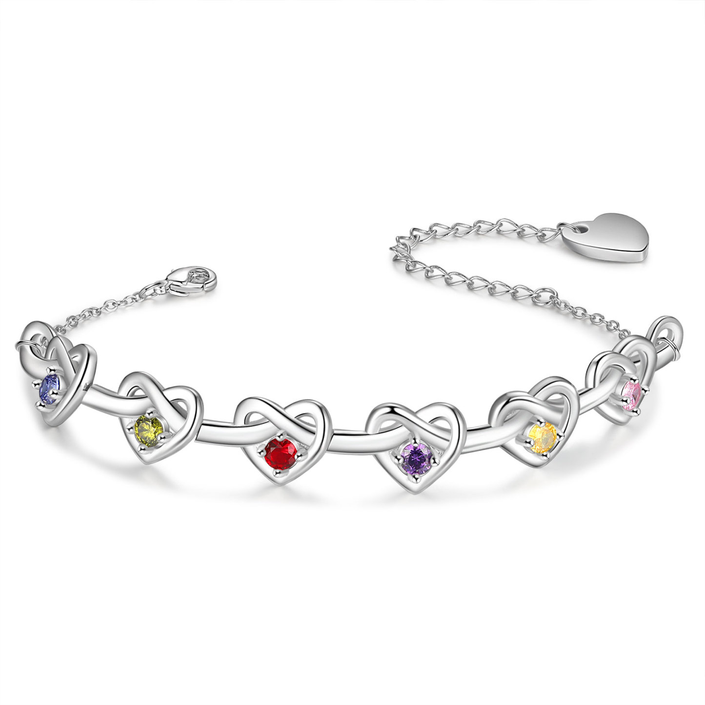 3 Colours Available Personalised Linked Heart Bracelet with 6 Custom Names Birthstones & Text Perfect Birthday Gift for Her